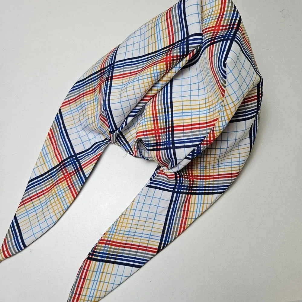 Vintage Scarf Hat Scrub‎ Tie Back White Plaid Chemo Retro Cathy Thousand Oaks Ca - Picture 5 of 8